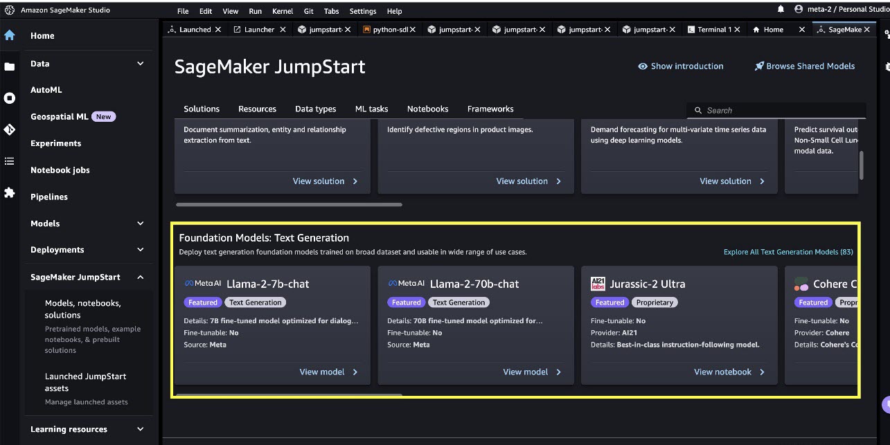 A screenshot showing Llama 2 foundation models in Amazon SageMaker JumpStart 