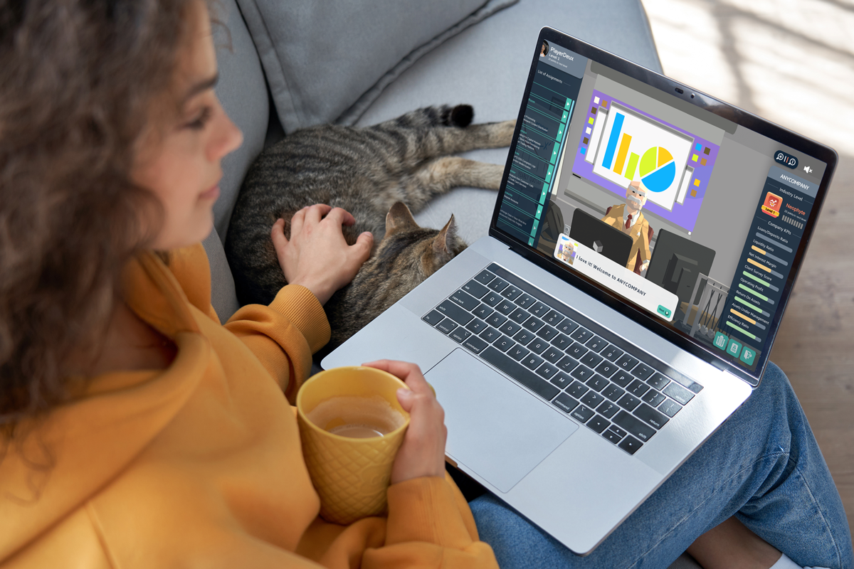 Young hispanic girl relaxing on sofa with cat looking at mockup laptop screen.